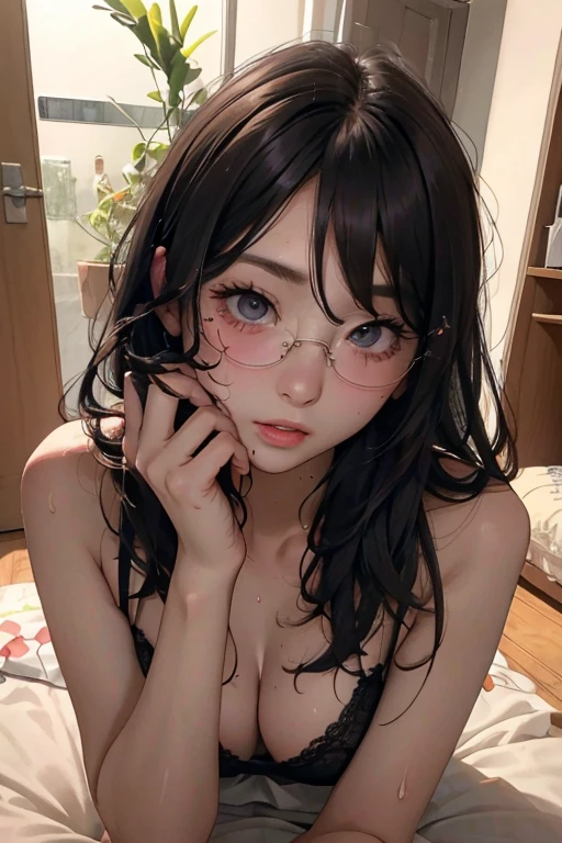 Highest quality、masterpiece、High sensitivity、High resolution、Detailed Description、Slender women、Slim Body、Glasses、lingerie、Lying on the floor、 Sweaty、Clothes get wet、Hands on cheeks、