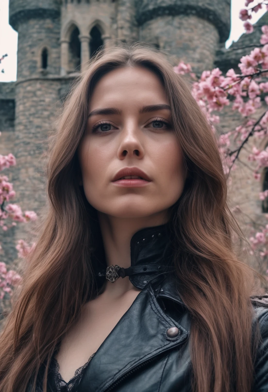 cinematic close-up photo (ohwx woman:1.3) in a gothic castle,long hair, Detailed leather texture,masterpiece, face focus, Photorealistic, woman, 4K, HDR, backworlding, blossom, world, color photo in RAW format,(completely in frame:1.1), (blush:0.5), (goosebumps:0.5), wear , cinematic worlding . 35mm photography, movie, hips, professional, 4K, very detailed