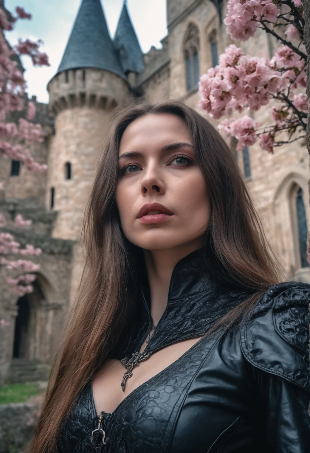 cinematic close-up photo (ohwx woman:1.3) in a gothic castle,long hair, Detailed leather texture,masterpiece, face focus, Photorealistic, woman, 4K, HDR, backworlding, blossom, world, color photo in RAW format,(completely in frame:1.1), (blush:0.5), (goosebumps:0.5), wear  ,  cinematic worlding   . 35mm photography, movie, hips, professional, 4K, very detailed 