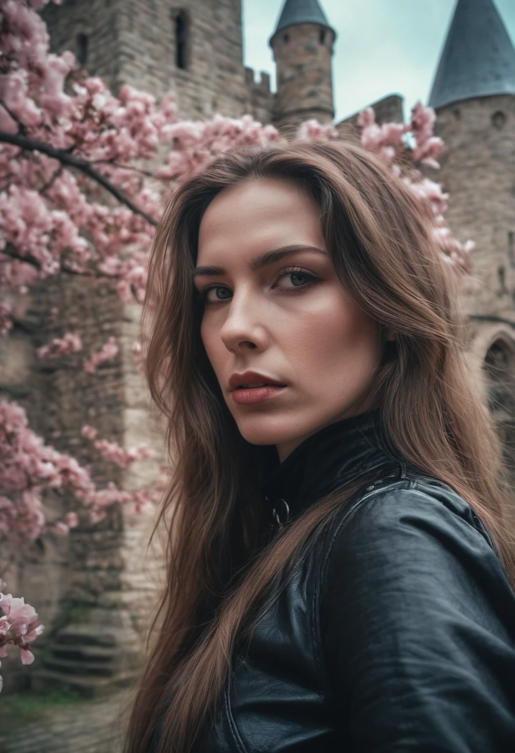 cinematic close-up photo (ohwx woman:1.3) in a gothic castle,long hair, Detailed leather texture,masterpiece, face focus, Photorealistic, woman, 4K, HDR, backworlding, blossom, world, color photo in RAW format,(completely in frame:1.1), (blush:0.5), (goosebumps:0.5), wear , cinematic worlding . 35mm photography, movie, hips, professional, 4K, very detailed