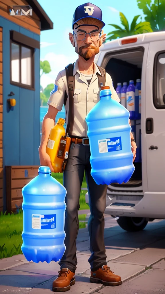 a cartoon man holding two large water bottles next to a van, detailed water, realism in style of fornite game, ultra detailed water, realistic water, as a fortnite character, waterfals, fluid simulation, Walter White em Fortnite, epic games, Fortnite style, fortnite character, made of water, water water, promotional rendering, fortnite art style, milkman, water