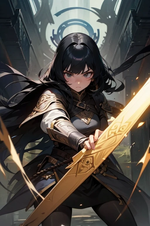 A black-haired girl wields the Heavy Thrusting Swords from within the Elden Ring in a reverse grip.