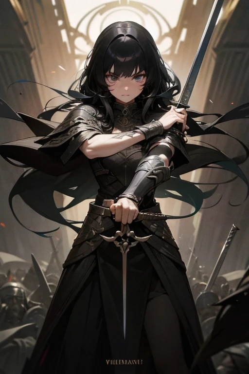 A black-haired girl wields the Heavy Thrusting Swords from within the Elden Ring in a reverse grip.