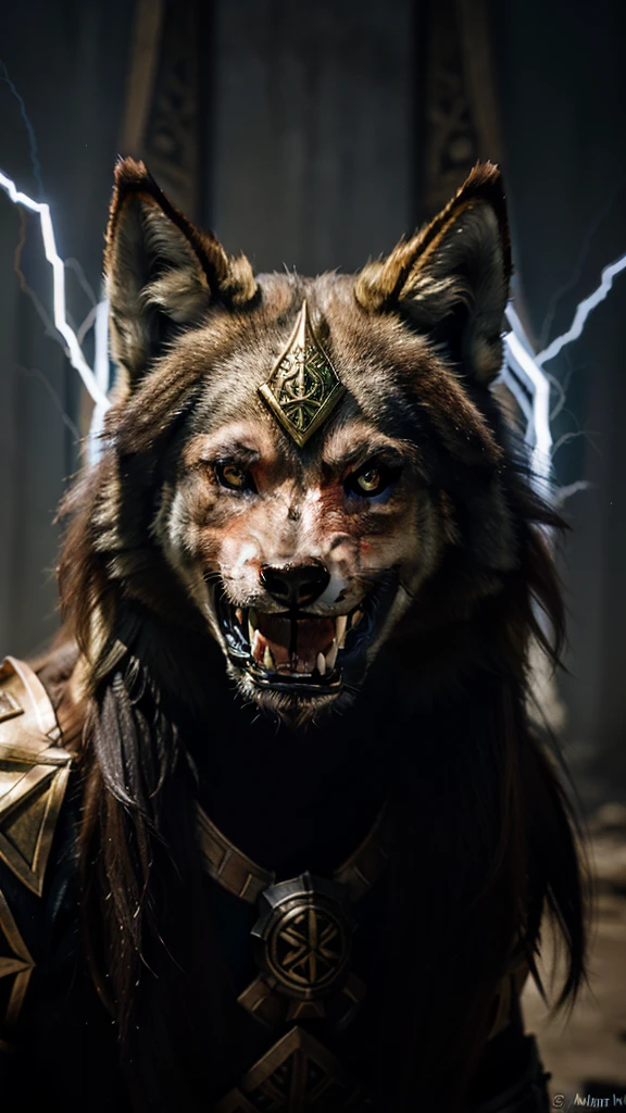 The image depicts a stylized graphic with several overlapping elements. At the top is an ornate emblem with intricate designs and symbols that appear to be of Norse or Viking origin. Below this emblem is an image of a snarling wolf's head, with its mouth open in a ferocious roar, sharp teeth visible, and intense eyes. Surrounding the wolf's head are what appear to be crackling bolts of energy or lightning, adding to the aggressive and powerful aura of the image. Below the wolf's head is a figure that appears to be a warrior dressed in detailed armor, possibly also inspired by Norse or Viking themes, standing confidently.
This image may be interesting or relevant due to its artistic representation that combines elements of mythology, power and possibly narrative through the use of symbolic images associated with strength and ferocity.