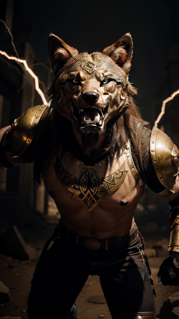 The image depicts a stylized graphic with several overlapping elements. At the top is an ornate emblem with intricate designs and symbols that appear to be of Norse or Viking origin. Below this emblem is an image of a snarling wolf's head, with its mouth open in a ferocious roar, sharp teeth visible, and intense eyes. Surrounding the wolf's head are what appear to be crackling bolts of energy or lightning, adding to the aggressive and powerful aura of the image. Below the wolf's head is a figure that appears to be a warrior dressed in detailed armor, possibly also inspired by Norse or Viking themes, standing confidently.
This image may be interesting or relevant due to its artistic representation that combines elements of mythology, power and possibly narrative through the use of symbolic images associated with strength and ferocity.
