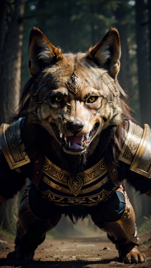 The image depicts a stylized graphic with several overlapping elements. At the top is an ornate emblem with intricate designs and symbols that appear to be of Norse or Viking origin. Below this emblem is an image of a snarling wolf's head, with its mouth open in a ferocious roar, sharp teeth visible, and intense eyes. Surrounding the wolf's head are what appear to be crackling bolts of energy or lightning, adding to the aggressive and powerful aura of the image. Below the wolf's head is a figure that appears to be a warrior dressed in detailed armor, possibly also inspired by Norse or Viking themes, standing confidently.
This image may be interesting or relevant due to its artistic representation that combines elements of mythology, power and possibly narrative through the use of symbolic images associated with strength and ferocity.