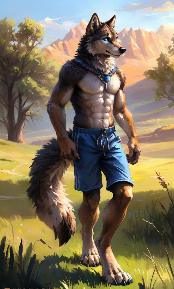 ((Solo)), male people, anthro wolf, (Multi-colored fur, White-brown:1.3，White tail pointed), (Height 2.1m,Tail length 1.2m), ((Wolf face, Big eyes, White eyelids, Blue pupil, Slim:1.2) (Tough, Calm expression:1.2)), Abs, Slim, pinging)), (Correct anatomy), (Work shorts:1.1), The upper body  naked, (detailed outfits),A long big tail，Feet，(Realistic fur, Detailed fur texture, labeled:1.3)), (Natural lighting), Photorealistic, Hyperrealistic, ultradetailed, by Kenket，Field，erect through，Running on
