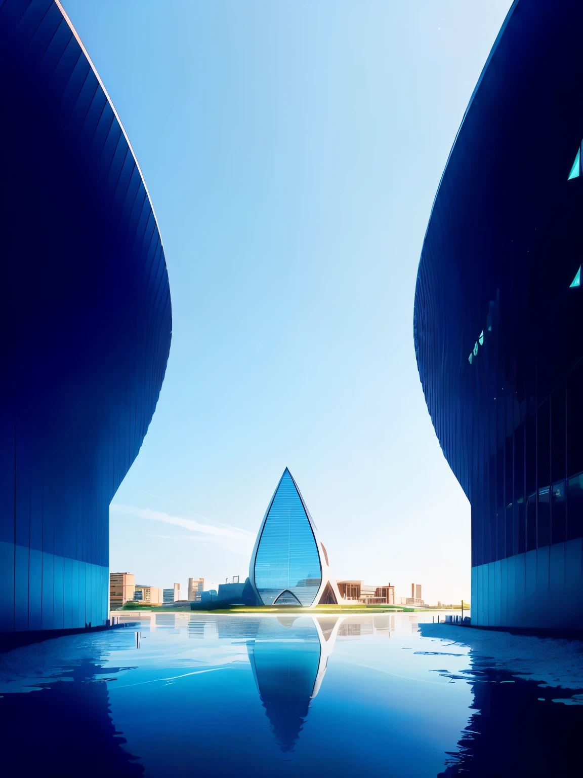There are arc-shaped buildings on both sides,Light shines into the building,Reflected on the water,Dark blue building,high quality,The buildings on both sides are exactly the same,There is no building in the middle