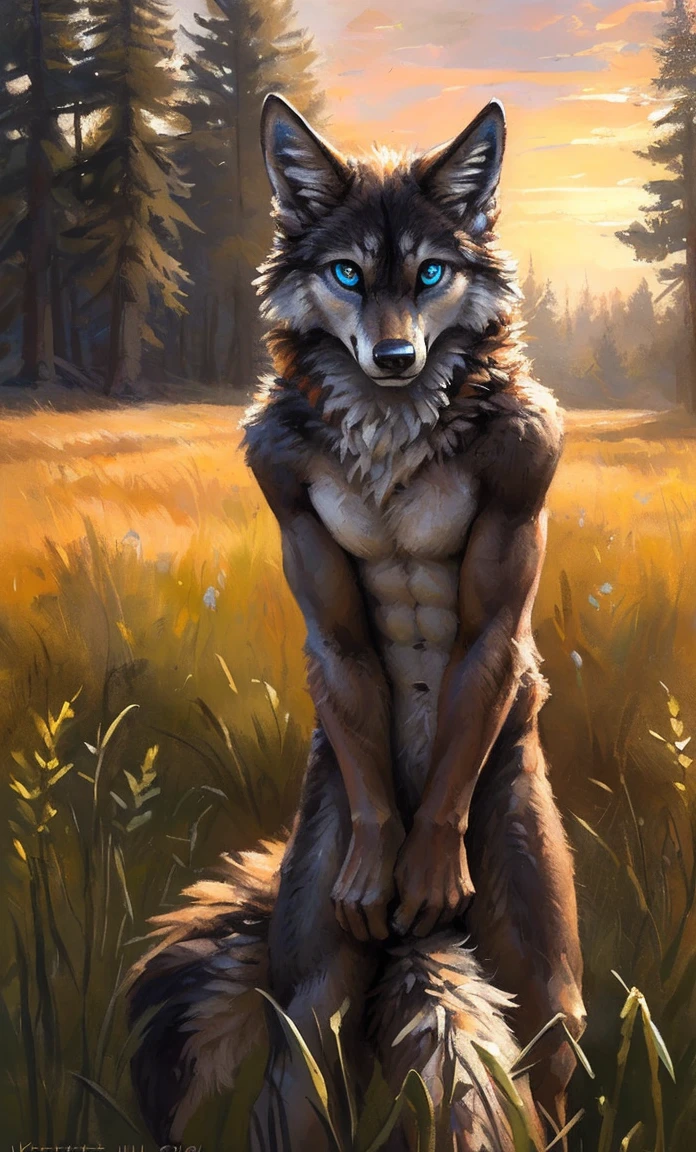 ((Solo)), male people, anthro wolf, (Multi-colored fur, White-brown:1.3,White tail pointed), (Height 2.1m,Tail length 1.5m), ((Wolf face, Big eyes, White eyelids, Blue pupil, Slim:1.2) (Tough, Calm expression:1.2)), Abs, Slim, pinging)), (Correct anatomy), Naked all over the body,A long big tail,Feet,(Realistic fur, Detailed fur texture, labeled:1.3)), (Natural lighting), Photorealistic, Hyperrealistic, ultradetailed, by Kenket,Field,No artifacts