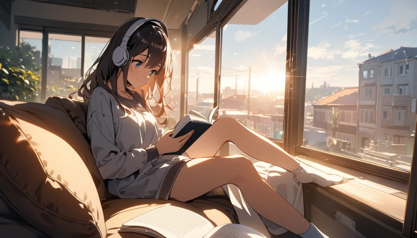 Girl sitting on sofa reading a book,In front of a large window,Morning sunlight,Streetscape、listen to music