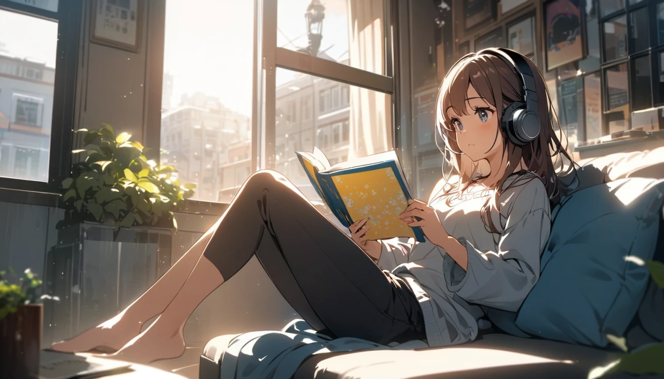 Girl sitting on sofa reading a book,In front of a large window,Morning sunlight,Streetscape、listen to music