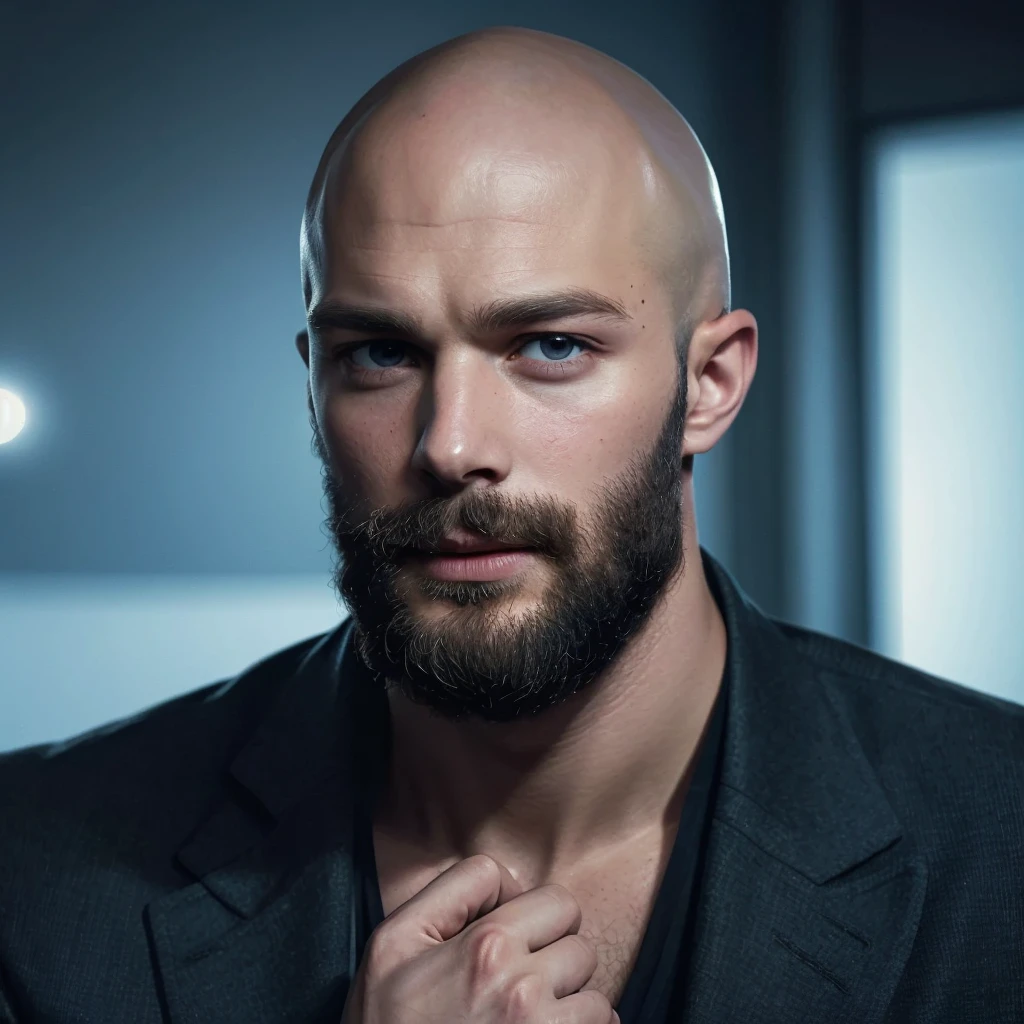 Jamie dornan, an award winning photograph of a (handsome man:1.1), detailed, trending on artstation. Bald. Bearded chin. Remove hand from image.