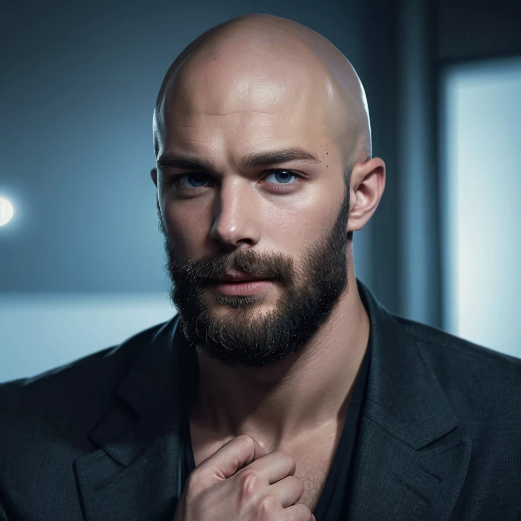 Jamie dornan, an award winning photograph of a (handsome man:1.1), detailed, trending on artstation. Bald. Bearded chin. Remove hand from image.