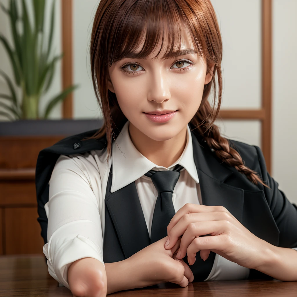 (masterpiece, best quality:1.4), (full body:1.5), (supported on a desk:1.5), sexy pose, ((makima)) \(chainsaw man\), 1girl, bangs, indoors, black necktie,no pants, braid, braided ponytail, collared shirt, highres, long hair, long sleeves, necktie, red hair, ringed eyes, beautyful legs, sidelocks, solo, uniform, black jacket, (yellow eyes), medium breasts, beautifull smile, beautiful face, highly detailed face, highly detailed eyes, highly detailed skin, skin pores, subsurface scattering, realistic pupils, full face blush, full lips, depth of field, volumetric lighting, sharp focus, absurdres, realistic proportions, good anatomy, (realistic, hyperrealistic:1.4), 16k hdr