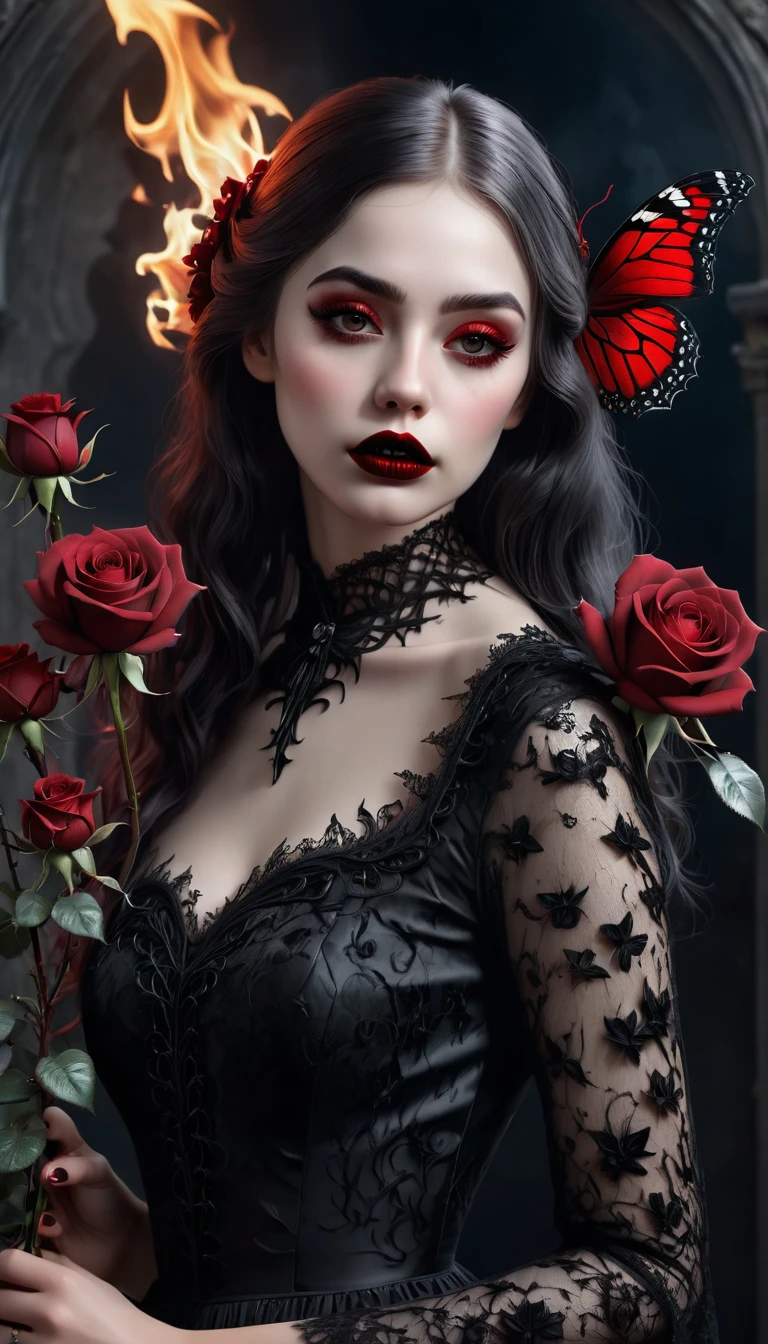 (best quality,4 k,8 k,higher ,masterpiece:1.2),ultra-detailed,(realistic,photorealistic,photo-realistic:1.37),gothic art,girl ,lace dress,thorny rose,creepy,terrifying, dark Red lips , burning butterfly,holding a Rose , Dark red rose .