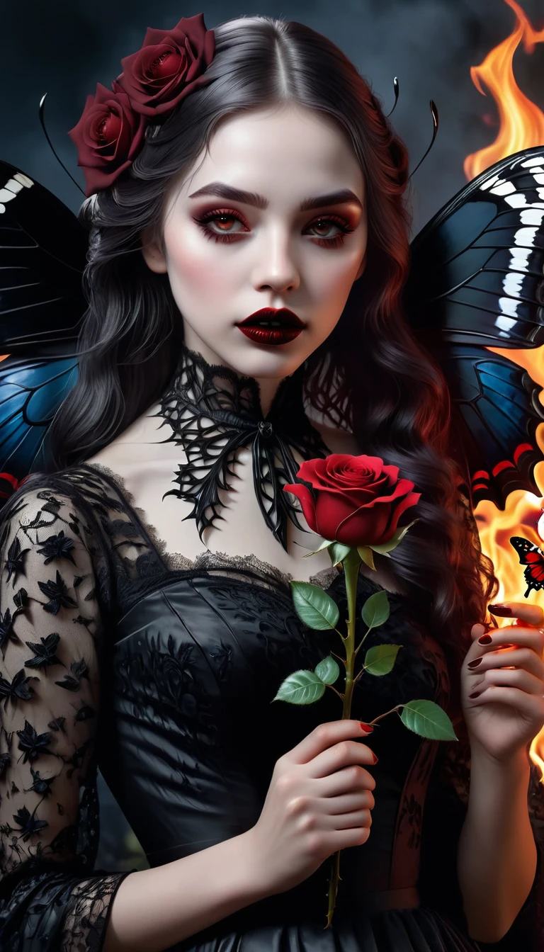 (best quality,4 k,8 k,higher ,masterpiece:1.2),ultra-detailed,(realistic,photorealistic,photo-realistic:1.37),gothic art,girl ,lace dress,thorny rose,creepy,terrifying, dark Red lips , burning butterfly,holding a Rose , Dark red rose .