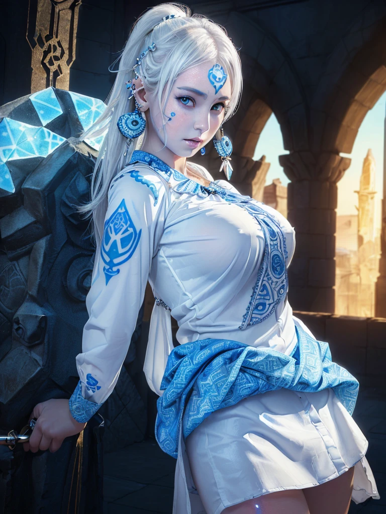 (shiny white skin:1.4),(guardian girl with big breast:1.5),(cute face with blue pattern tatoo:1.5) , ( infected monuments:1.3) ,(many ear ring:1.5),(white cheep blouse:1.5) extremely detailed CG unity 8k wallpaper