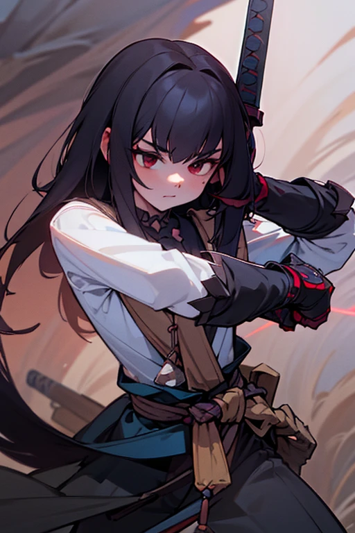 A black-haired girl wields the Heavy Thrusting Swords from within the Elden Ring in a reverse grip.