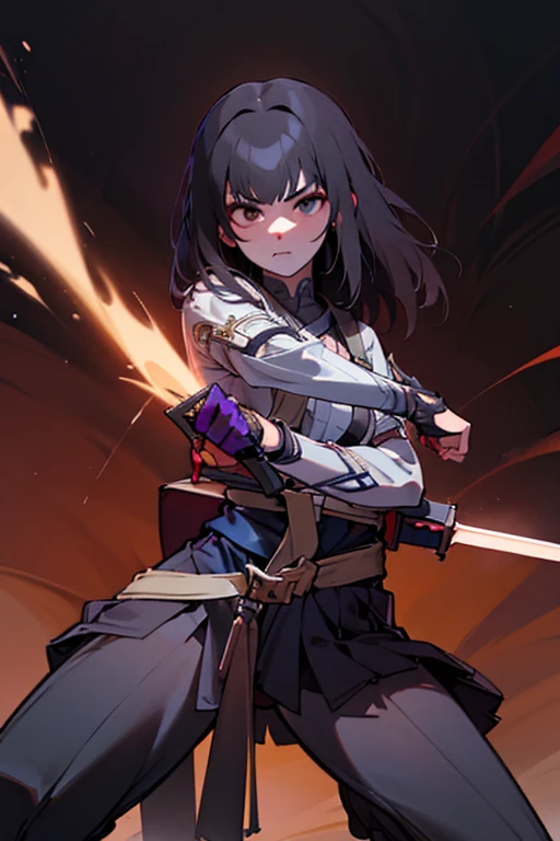 A black-haired girl wields the Heavy Thrusting Swords from within the Elden Ring in a reverse grip.