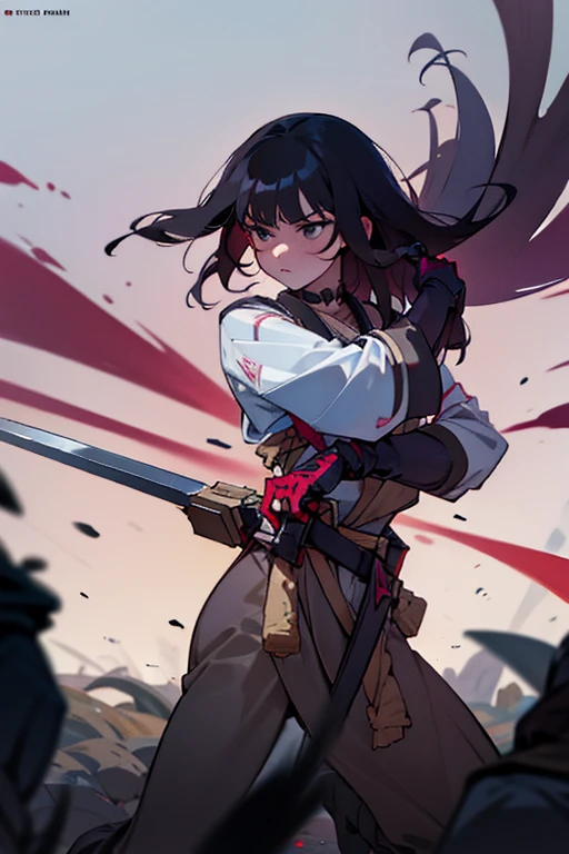 A black-haired girl wields the Heavy Thrusting Swords from within the Elden Ring in a reverse grip.