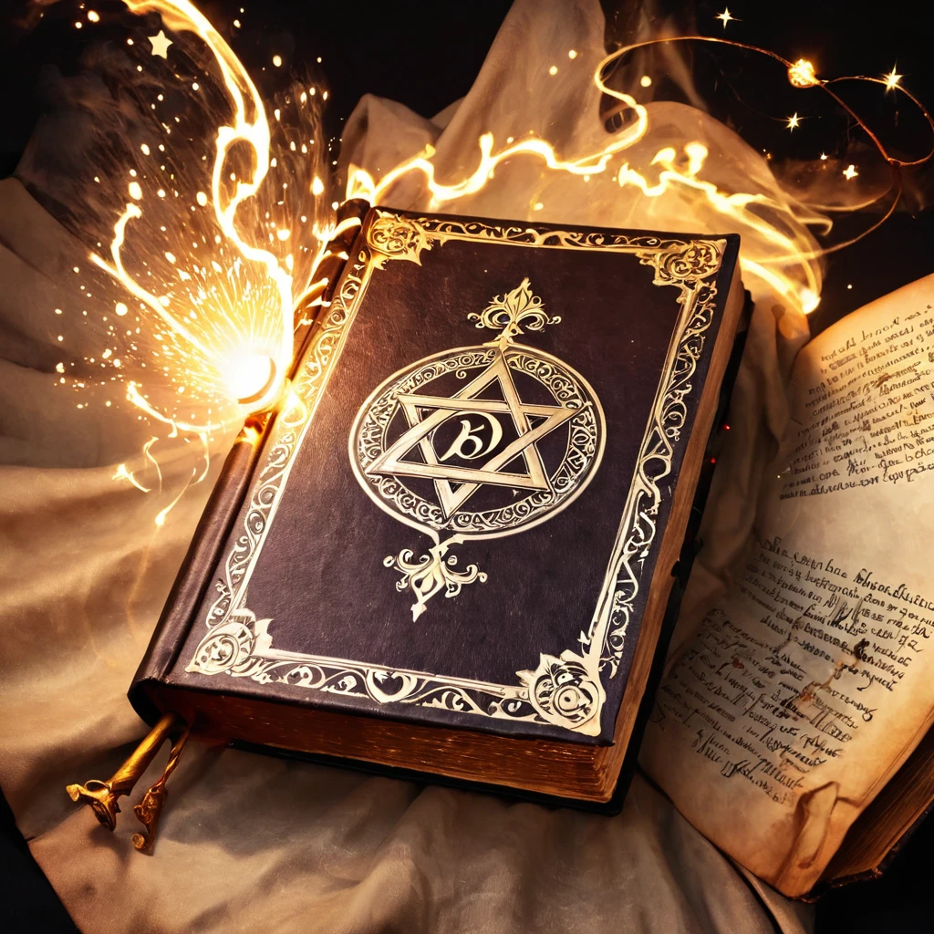 A magic book with magic spells around. Look majesty and shining book. With A letter in that cover