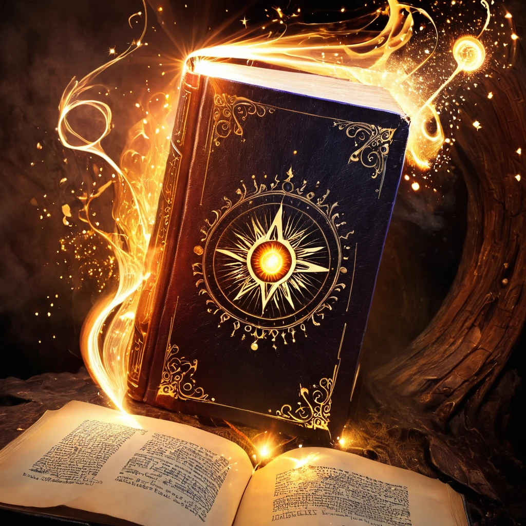 A magic book with magic spells around. Look majesty and shining book. With A letter in that cover