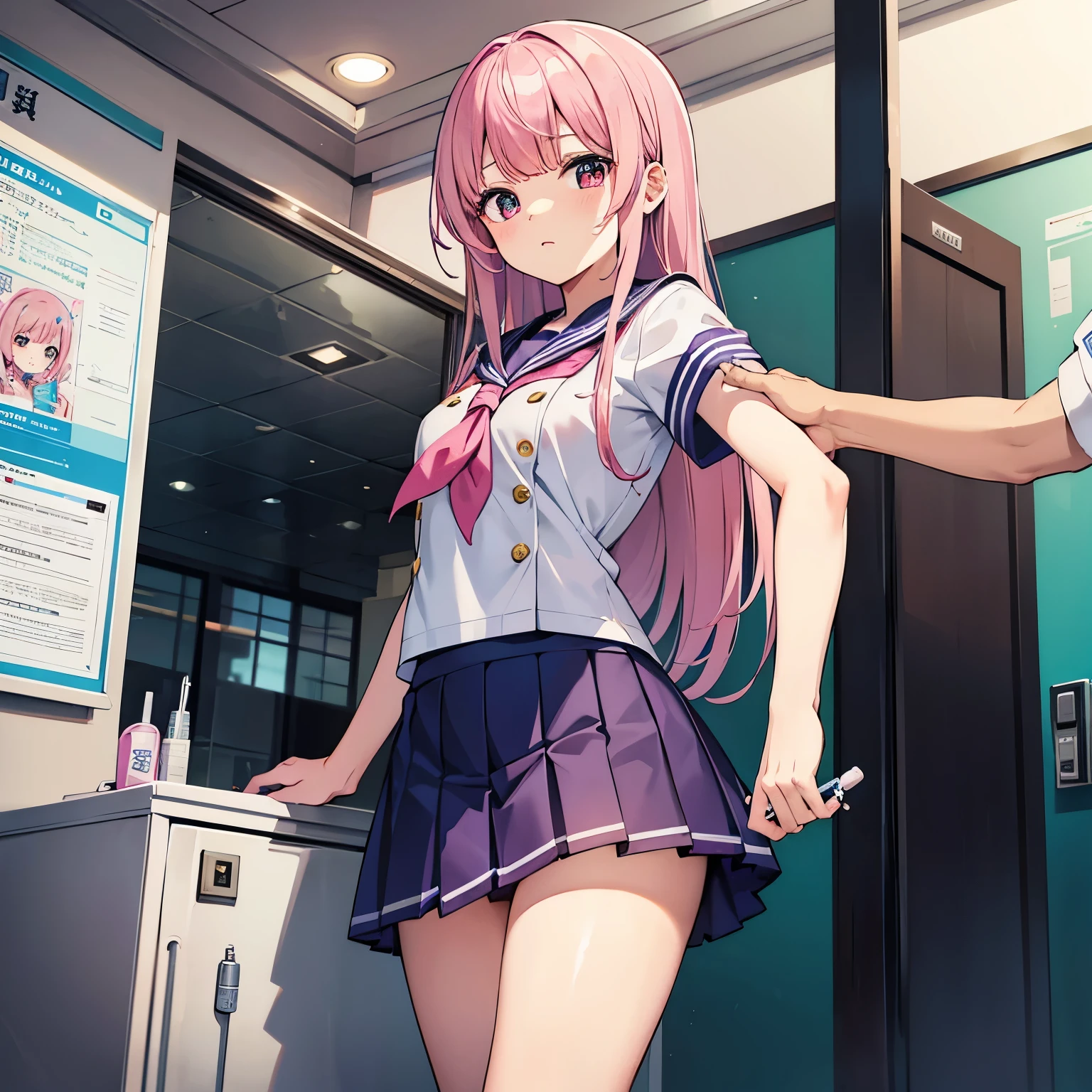 A pink-haired high school girl in a sailor uniform receives a vaccination、The man grabbed his arm、Take the syringe and stick it into your upper arm.。.