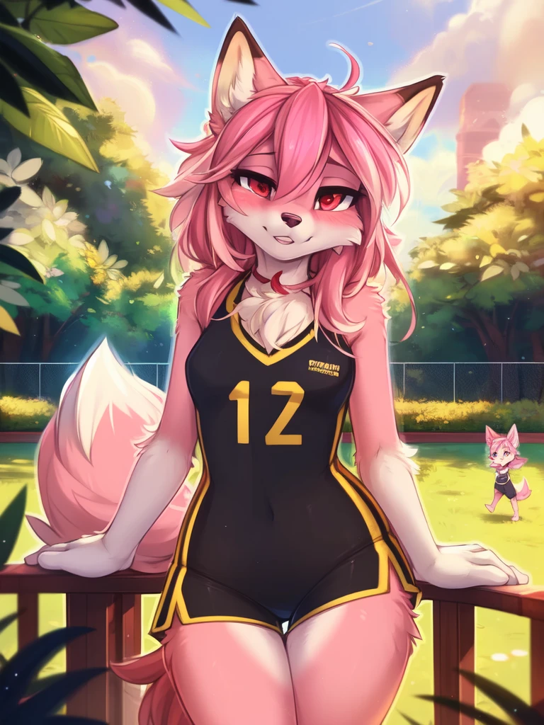 from Kenketa, Ross Tran, Ruan Jia, mumps, Foxovh, от zackary911, от Hyattlen, on a terrace, by Fumiko, от Pixelsketcher, by Bayard Wu, Thomas Benjamin Kennington, from Einshelm, from Kilina, by Coffeesoda, from Hyoshiru, from down-kevlar, от r-mk, by Dimwitdog, fluffy, Nazuna_hiwatasi, antro, Female, One, standing, mocking look, (half-closed eyes), pink hair, pink tail, (sportswear), (Red eyes), I look at the viewer, (Medium breasts, hips), (Fox), sunny day, (public park), (pink body, two-tone fur), (blushing, you're sweating), (hair in a ponytail), (Older), (((sheer thong:1.4))), pussy