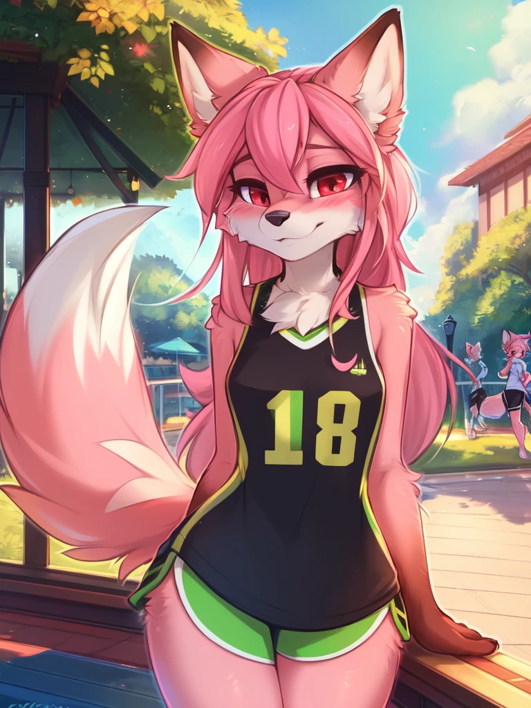 from Kenketa, Ross Tran, Ruan Jia, mumps, Foxovh, от zackary911, от Hyattlen, on a terrace, by Fumiko, от Pixelsketcher, by Bayard Wu, Thomas Benjamin Kennington, from Einshelm, from Kilina, by Coffeesoda, from Hyoshiru, from down-kevlar, от r-mk, by Dimwitdog, fluffy, Nazuna_hiwatasi, antro, Female, One, standing, mocking look, (half-closed eyes), pink hair, pink tail, (sportswear), (Red eyes), I look at the viewer, (Medium breasts, hips), (Fox), sunny day, (public park), (pink body, two-tone fur), (blushing, you're sweating), (hair in a ponytail), (Older), (((sheer thong:1.4))), pussy