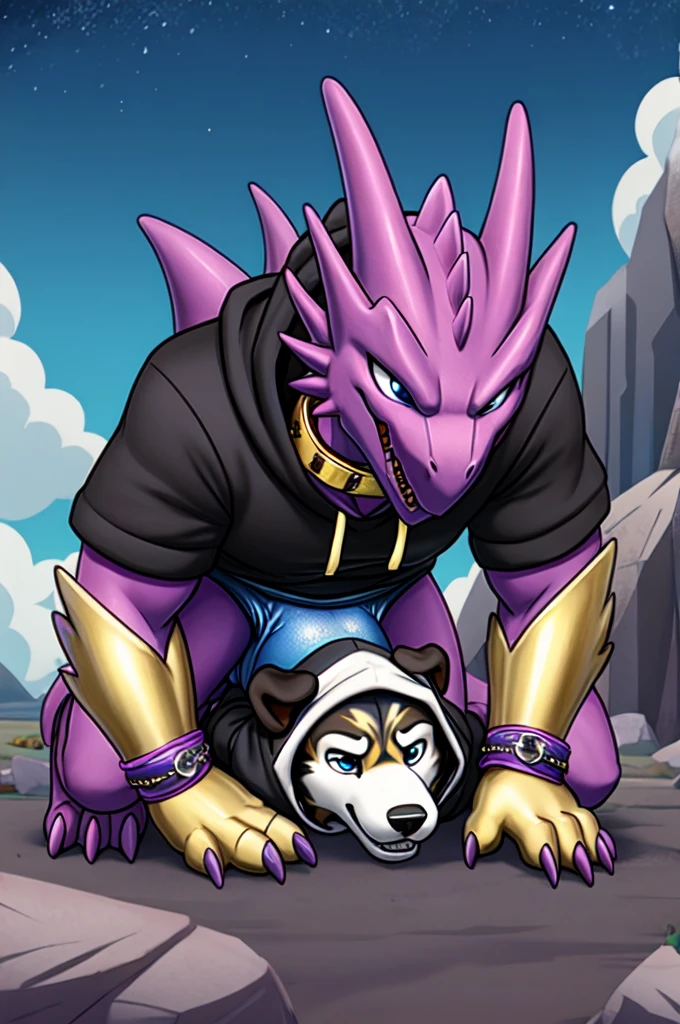  A dark purple femboy Kaiju wearing a black sweatshirt and a blue diaper and white socks with black stripes and a gold dog collar on his neck and with bracelets on his arms and crawling 