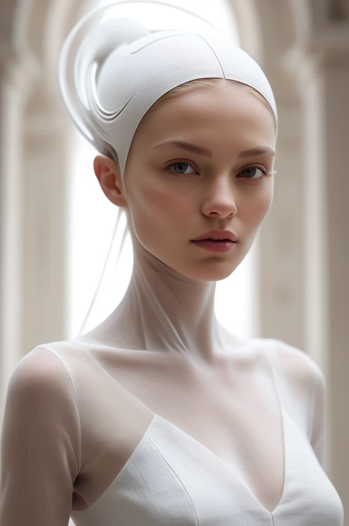 young Caucasian woman, handsome, Minimal, white on white, dynamic, stark, light and shade, clean, linen see through, subliminal, caught off guard passing by a passing glance, motion jitter leaving multiple traces, motion echo, shifting through time and space, masterpiece, best quality, best detail, best resolution, realistic, depth of field, dust particles, extremely detailed futuristic alien, human head, science fiction