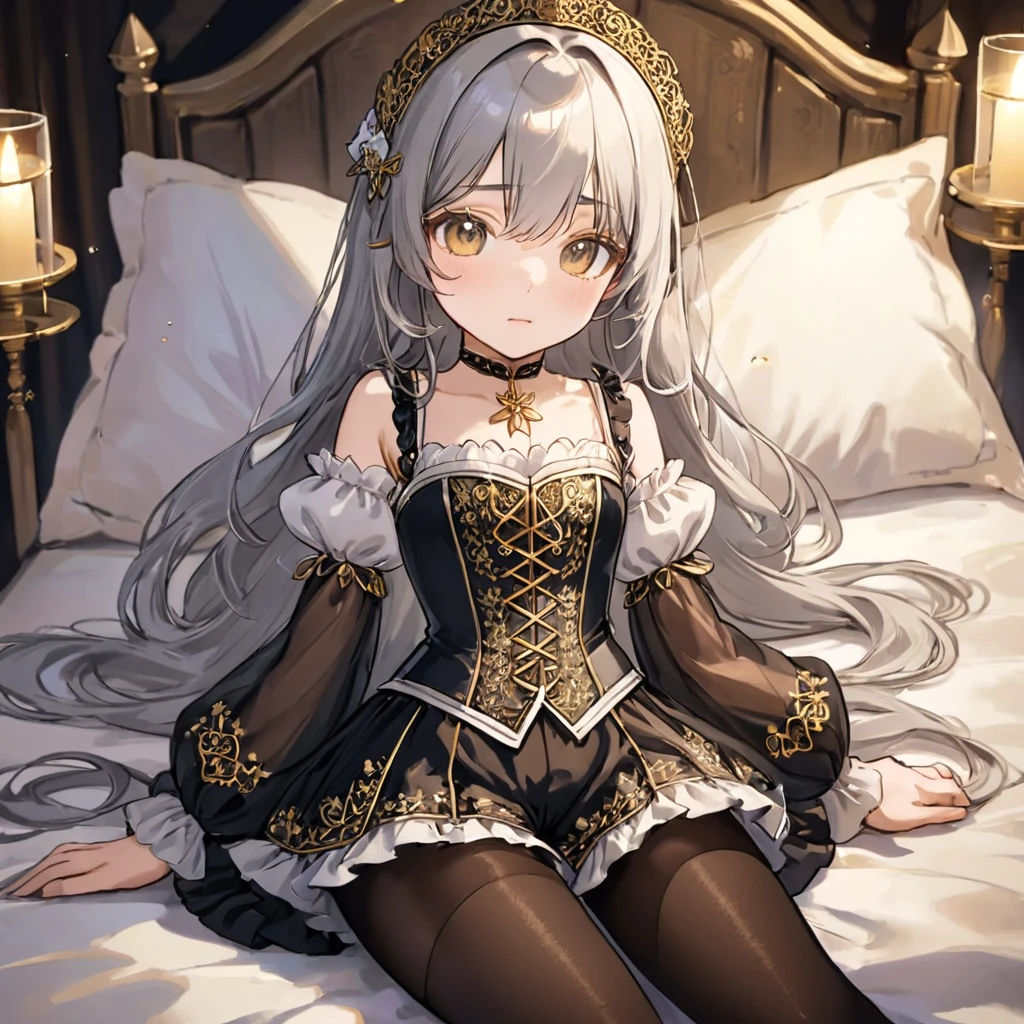 8 year old medieval girl, １people々、In underwear、Gold and silver thread embroidery、Translucent underwear that reaches below the knee（Bloomers）wear、wear a semi-transparent corset、Translucent slip, Black semi-transparent tights、sleep