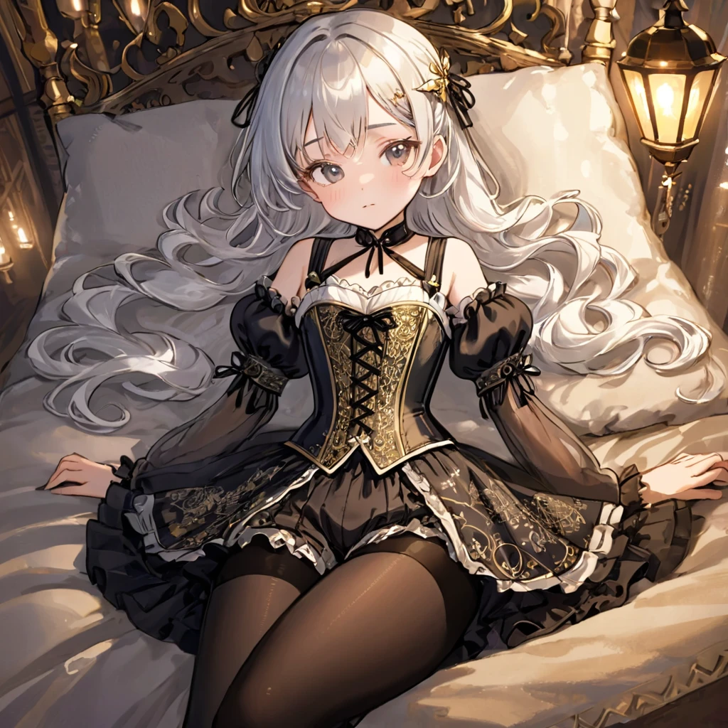 8 year old medieval girl, 1people々、In underwear、Gold and silver thread embroidery、Translucent underwear that reaches below the knee(Bloomers)wear、wear a semi-transparent corset、Translucent slip, Black semi-transparent tights、sleep