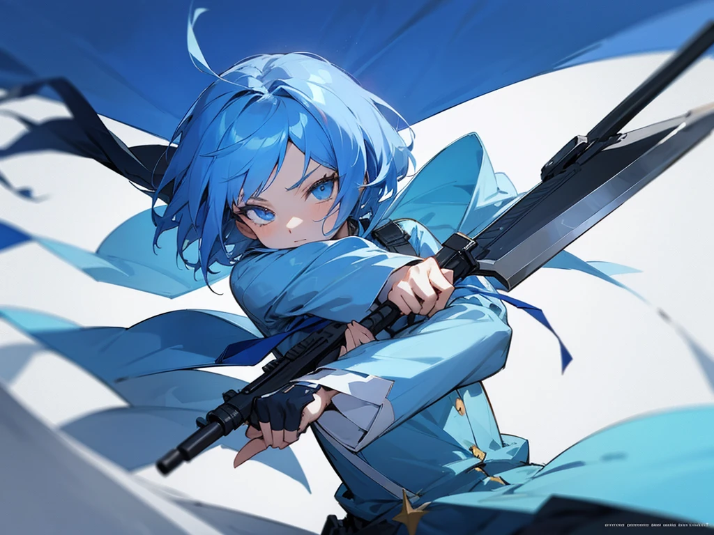 A wallpaper of an anime girl with a weapon dressed in blue
