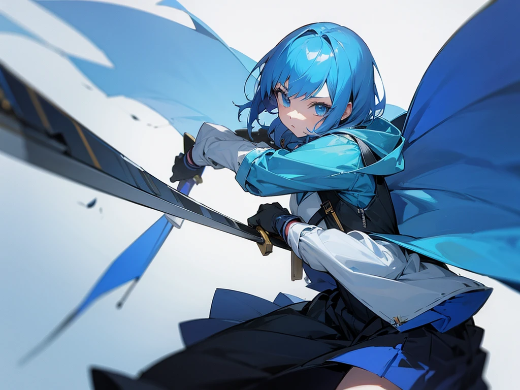 A wallpaper of an anime girl with a weapon dressed in blue