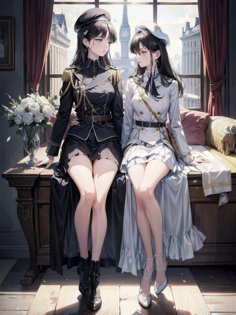 absurdres, RAW photo, extremely delicate and beautiful, masterpiece, Best Quality, ultra high resolution, 32k, hyperrealistic, ultra-detailed, delicate facial features, beautiful detailed woman, tearful mole, earring, medium breasts, full body shot, medium hair, black hair, 2 girls, yuri, beret, skirt, military uniform,