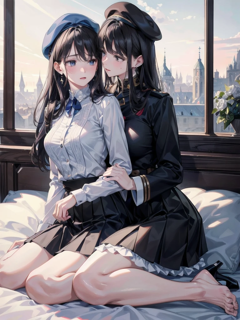 absurdres, RAW photo, extremely delicate and beautiful, masterpiece, Best Quality, ultra high resolution, 32k, hyperrealistic, ultra-detailed, delicate facial features, beautiful detailed woman, tearful mole, earring, medium breasts, full body shot, medium hair, black hair, 2 girls, yuri, beret, skirt, military uniform,