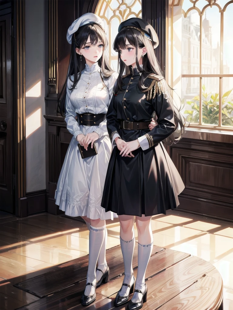 absurdres, RAW photo, extremely delicate and beautiful, masterpiece, Best Quality, ultra high resolution, 32k, hyperrealistic, ultra-detailed, delicate facial features, beautiful detailed woman, tearful mole, earring, medium breasts, full body shot, medium hair, black hair, 2 girls, yuri, beret, skirt, military uniform,