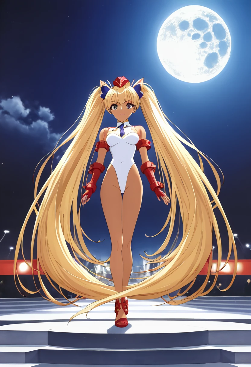 alone, One girl, masterpiece, Highest quality, Very detailed, Cinema Lighting, Exquisite detail, High resolution, Official Art, Fine and beautiful m, High resolutionのイラスト, 8K, Dark intense shadows, Exposure,tsukino usagi, Long twin tails, blonde, (White leotard:1.6), Full Body Shot, full moon