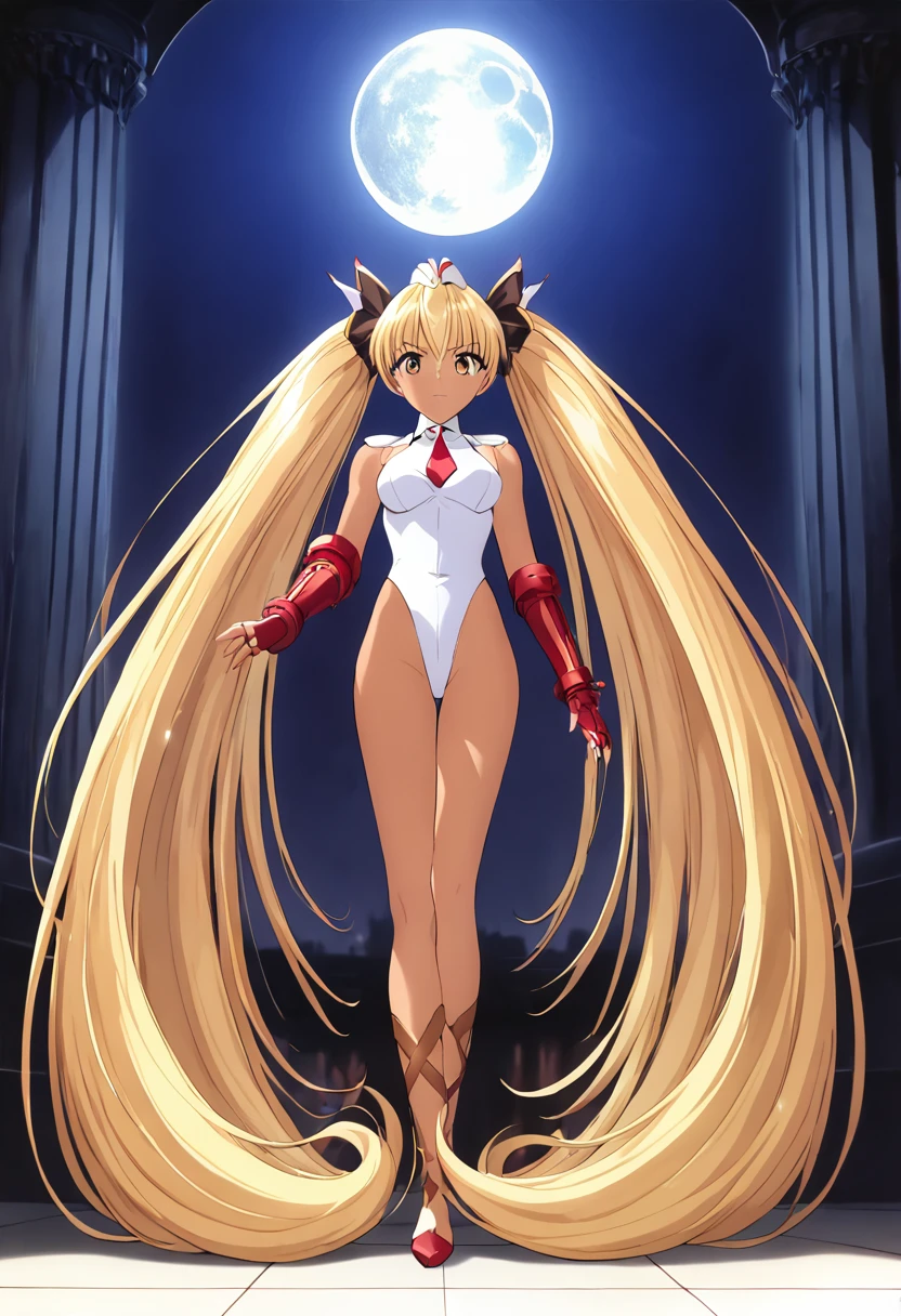 alone, One girl, masterpiece, Highest quality, Very detailed, Cinema Lighting, Exquisite detail, High resolution, Official Art, Fine and beautiful m, High resolutionのイラスト, 8K, Dark intense shadows, Exposure,tsukino usagi, Long twin tails, blonde, (White leotard:1.6), Full Body Shot, full moon