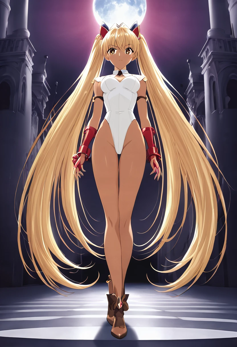 alone, One girl, masterpiece, Highest quality, Very detailed, Cinema Lighting, Exquisite detail, High resolution, Official Art, Fine and beautiful m, High resolutionのイラスト, 8K, Dark intense shadows, Exposure,tsukino usagi, Long twin tails, blonde, (White leotard:1.6), Full Body Shot, full moon