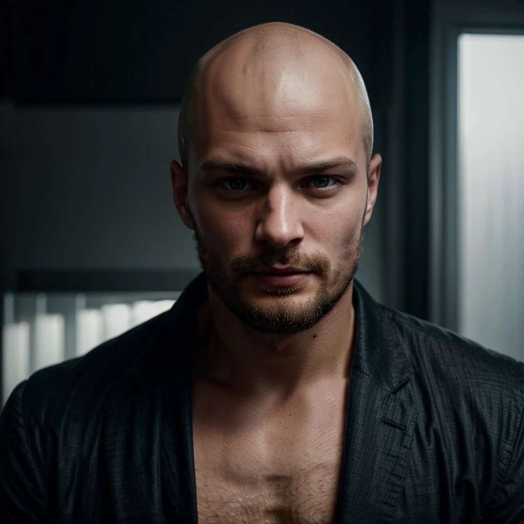 Jamie dornan, an award winning photograph of a (handsome man:1.1), detailed, trending on artstation. Bald. Bearded chin. Remove hand from image.