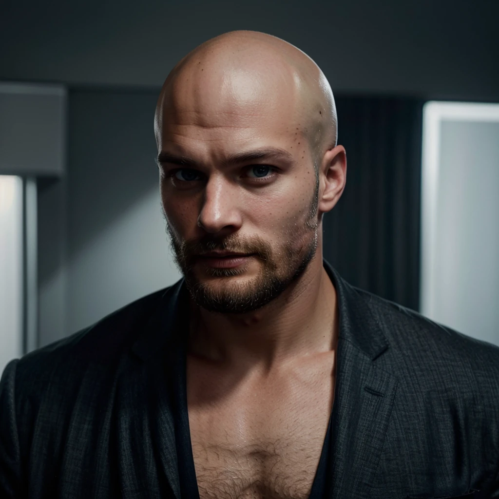 Jamie dornan, an award winning photograph of a (handsome man:1.1), detailed, trending on artstation. Bald. Bearded chin. Remove hand from image.