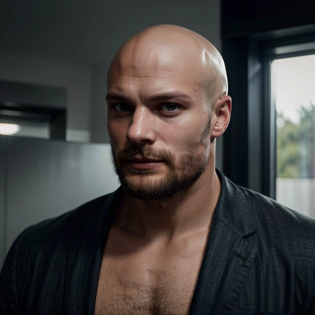 Jamie dornan, an award winning photograph of a (handsome man:1.1), detailed, trending on artstation. Bald. Bearded chin. Remove hand from image.