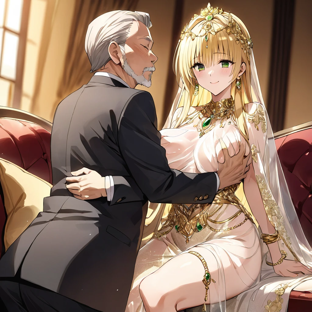 ((Highest quality)), ((masterpiece)), (detailed), (Perfect Face)、The woman is a thia, with green eyes, blonde medium-long hair, and is wearing a luxurious, shiny, gold, long-slit see-through dress with gorgeous embroidery and trim, which allows her skin to show through, a gold see-through cape, and a gold see-through veil. She has a gorgeous jeweled hair accessory, a jeweled head chain, a jeweled waist chain, a gorgeous necklace, bracelets, ankle bracelets, jeweled earrings, shiny gold boots, and an engagement ring. She is smiling affectionately at the man.、The woman is sitting on a luxurious sofa in a luxurious room with the man, who is hugging and kissing her while groping her breasts and caressing her whole body.、The man is a dignified, bearded, elderly man of great wealth, wearing luxurious clothing with gold embroidery and trim.