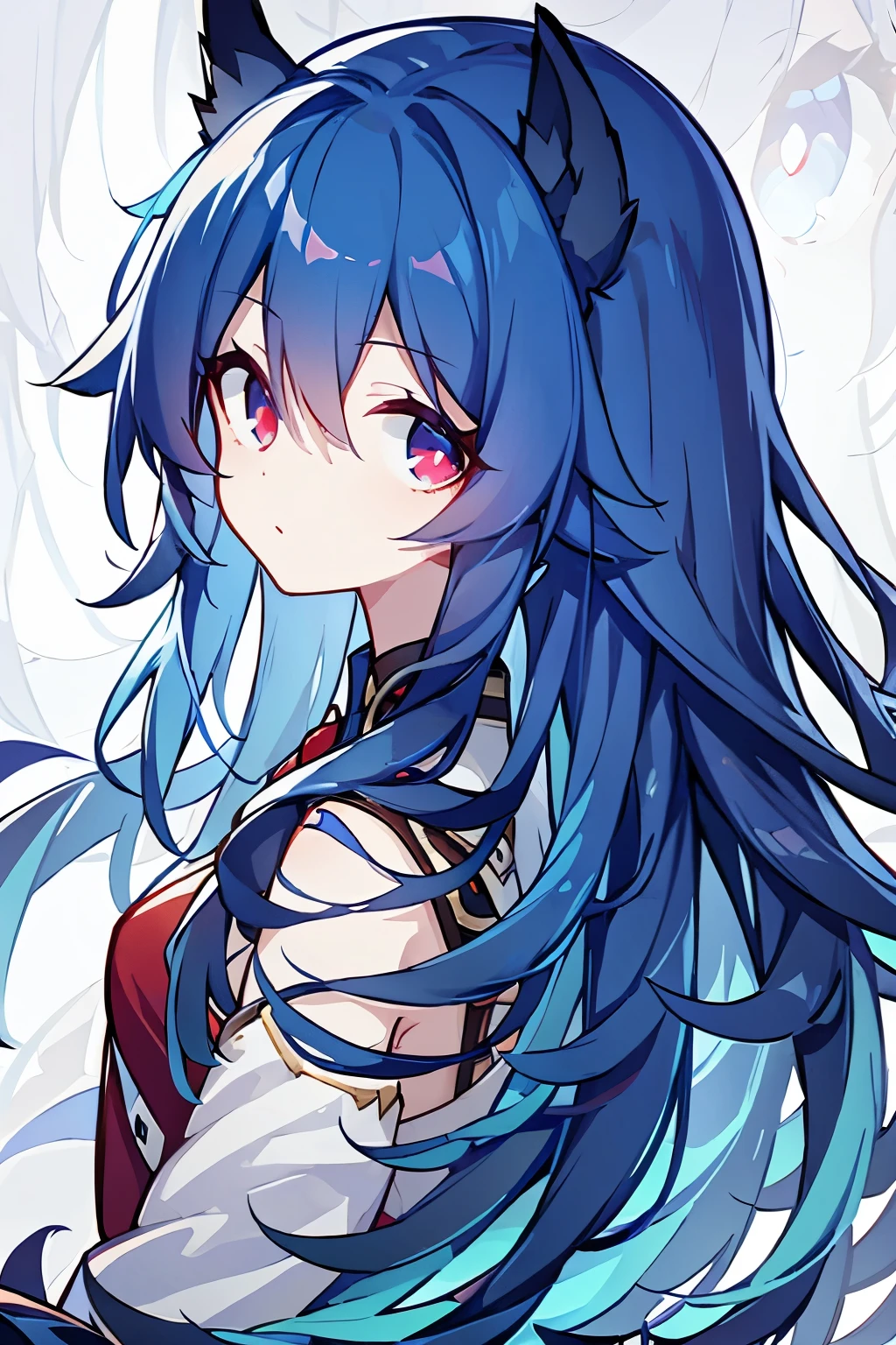 (Blue hair 1.4)(Long hair 1.3)Red pupil,