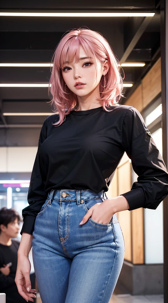 (masterpiece), (Highest quality), (High resolution), detailed, (複雑なdetailed 1.2), (Hyper detailed 1.4), (Gorgeous Digital Art 1.2), Absurd, One girl, Small breasts, teeth, hair ornaments, alone, Pink Hair, (Black Shirt:1.3), jeans, (station:1.2) running, Thighs, Short Stack,