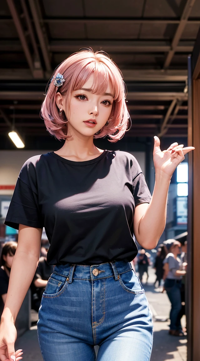 (masterpiece), (Highest quality), (High resolution), detailed, (複雑なdetailed 1.2), (Hyper detailed 1.4), (Gorgeous Digital Art 1.2), Absurd, One girl, Small breasts, teeth, hair ornaments, alone, Pink Hair, (Black Shirt:1.3), jeans, (station:1.2) running, Thighs, Short Stack,