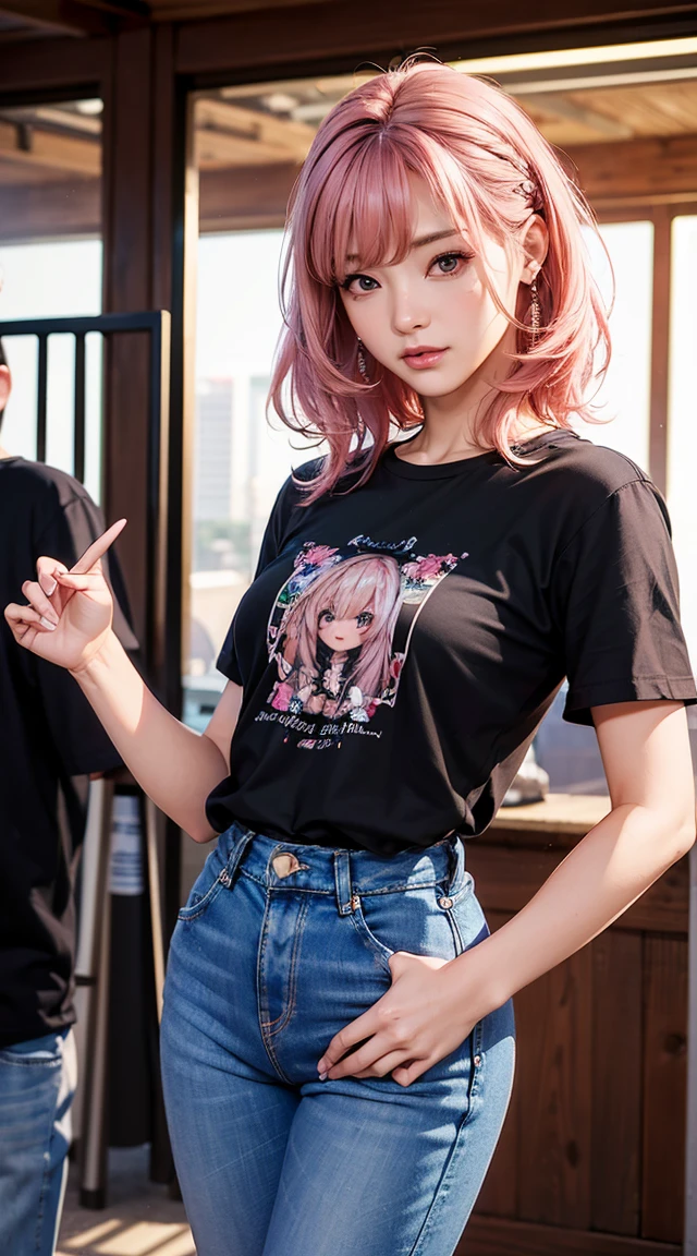 (masterpiece), (Highest quality), (High resolution), detailed, (複雑なdetailed 1.2), (Hyper detailed 1.4), (Gorgeous Digital Art 1.2), Absurd, One girl, Small breasts, teeth, hair ornaments, alone, Pink Hair, (Black Shirt:1.3), jeans, (station:1.2) running, Thighs, Short Stack, 