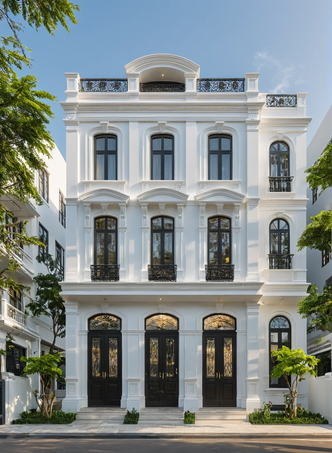 neo classical villa on street, (daylight), tropical tree, vivid colour, streetcapes, white tone, black detail, white wall, large glass door, warm interior lighting, best quality, masterpiece, ultra realistic